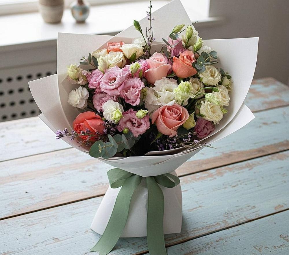 Букет цветов из: Розы, Лизиантусы и Гвоздики в Ходаево