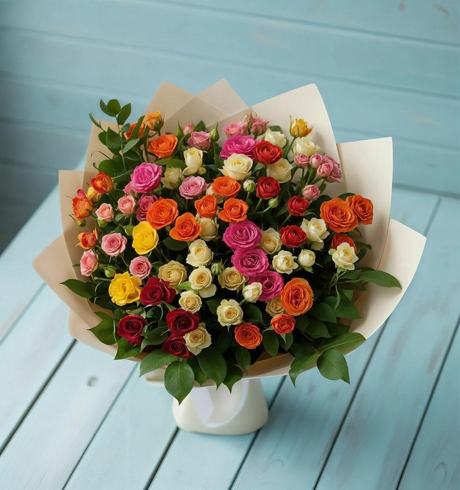 Букет Микс из разноцветных кустовых роз в Ходаево